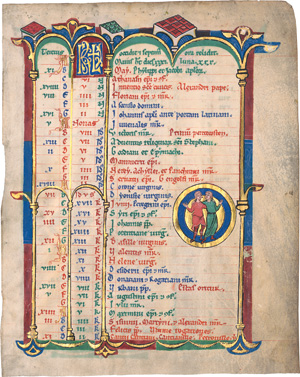 Lot 1001, Auction  122, May-Junius, Blatt aus einem spätmittelalterlichen Kalendarium einer großen Stundenbuchhandschrift. Lateinische Schrift in Rot, Blau und Grün auf Pergament