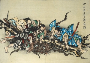 Los 585 - Bestienkampf und Kuniyoshi, Utagawa - 2 Holzschnitte von Kriegern im Kampf mit Kreaturen. Tokio spätes 19. Jahrhundert - 1 - thumb