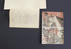 Los 585 - Bestienkampf und Kuniyoshi, Utagawa - 2 Holzschnitte von Kriegern im Kampf mit Kreaturen. Tokio spätes 19. Jahrhundert - 2 - thumb