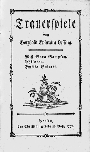 Lot 1658, Auction  125, Lessing, Gotthold Ephraim, Trauerspiele. Berlin, C. F. Voß, 1772. - Erste Ausgabe