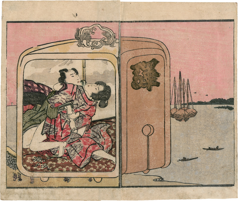 Lot 596, Auction  125, Shunga, Japanisches Frühlingsbild der Utagawa-Schule aus einem Kopfkissenbuch. Wohl Edo (Tokio) um 1840