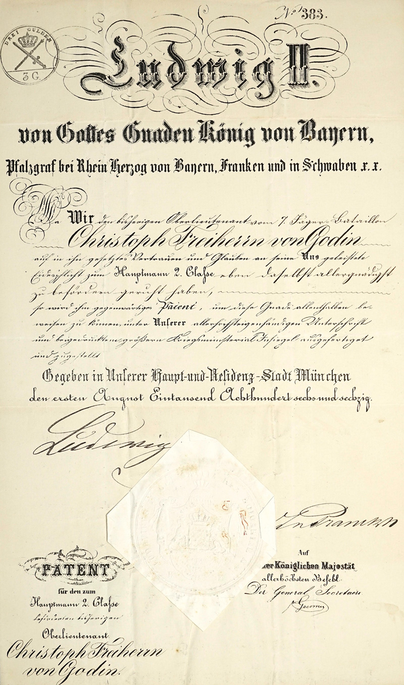 Lot 2085, Auction  125, Bayern., Urkunde: Patent als Hauptmann 2. Classe