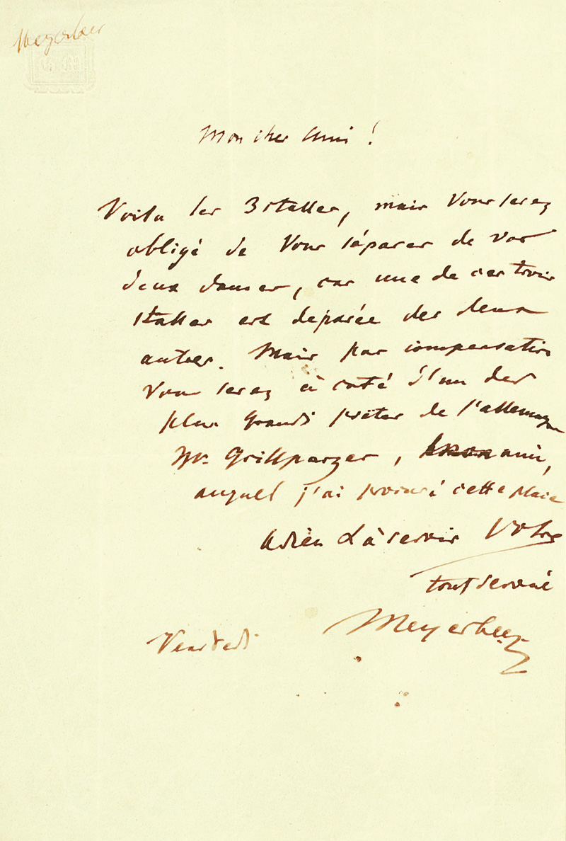 Lot 2170, Auction  125, Meyerbeer, Giacomo, Brief an einen Freund wegen Theaterkarten