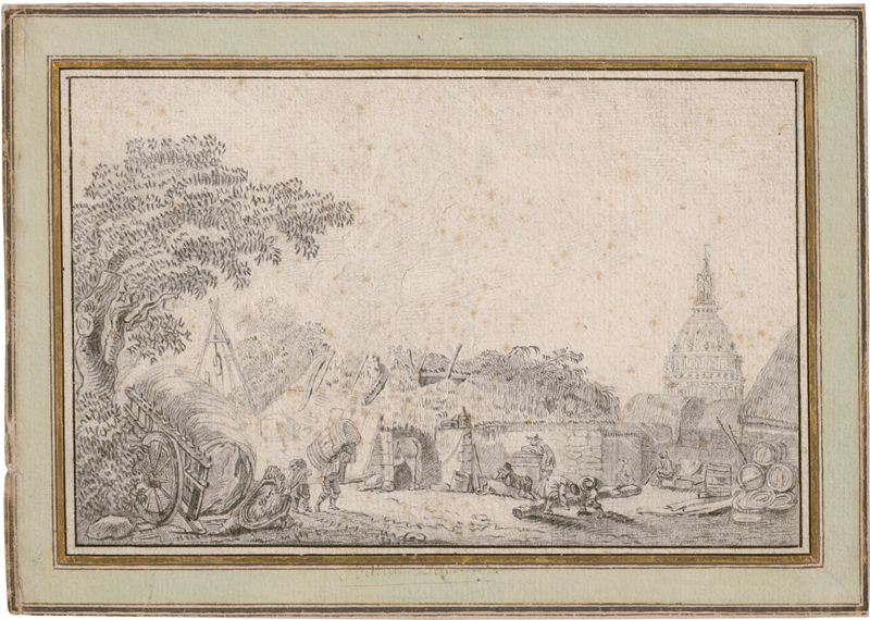 Lot 6763, Auction  125, Französisch, 18, Jh. Blick über ein verfallenes Gehöft auf die Kuppel des Invalidendoms in Paris
