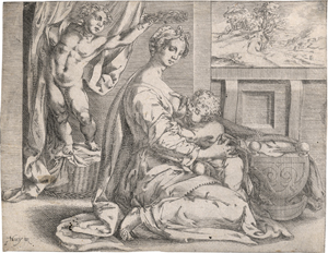 Lot 5134, Auction  126, Hoey, Jan (Dammesz.) de, Die stillende Jungfrau mit einem Lorbeerzweig gekrönt