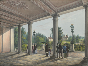 Lot 5388, Auction  126, Knippel, Ernst Wilhelm, Ansicht aus der Vorhalle von Schloss Slawentzitz (Sławięcice) auf die Zinkhütte