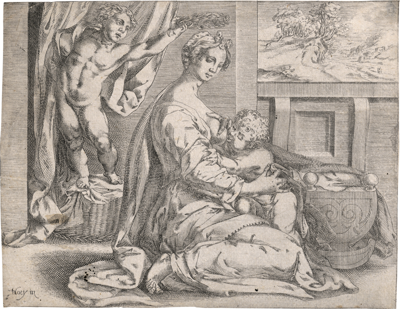 Lot 5134, Auction  126, Hoey, Jan (Dammesz.) de, Die stillende Jungfrau mit einem Lorbeerzweig gekrönt