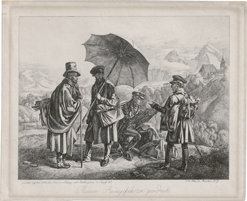 Lot 5387, Auction  126, Klein, Johann Adam, Die Maler auf der Reise: Friedrich und Heinrich Reinhold, Johann Christoph Erhard und Friedrich Welker ("Meinen Reisegefährten gewidmet")
