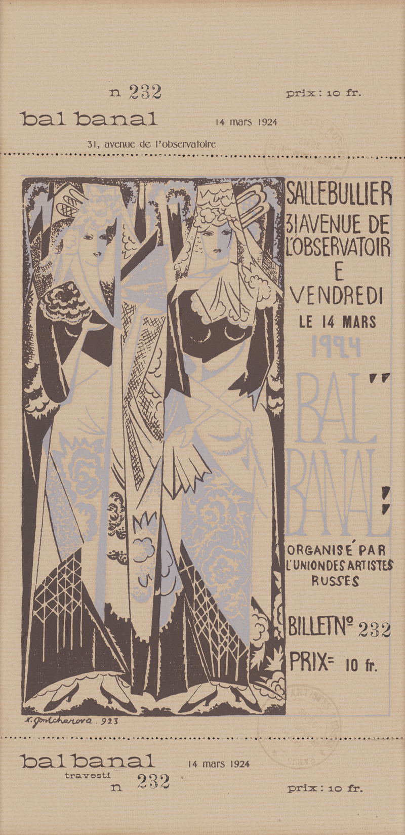 Lot 5423, Auction  126, Gontscharowa, Natalja, Eintrittsbillett für den Pariser "Bal Banal" 1924