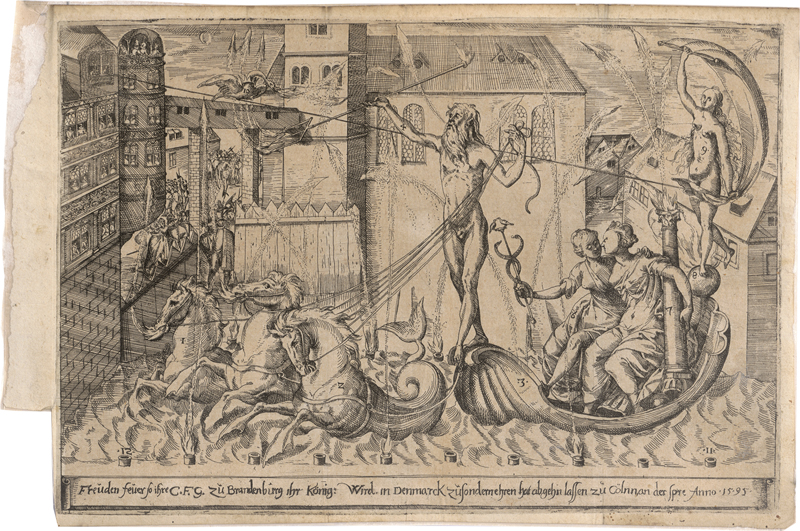 Lot 5531, Auction  126, Deutsch, 1595. Freuden feuer: Feuerwerk auf dem Schloss des Markgrafen von Brandenburg in Cölln an der Spree 