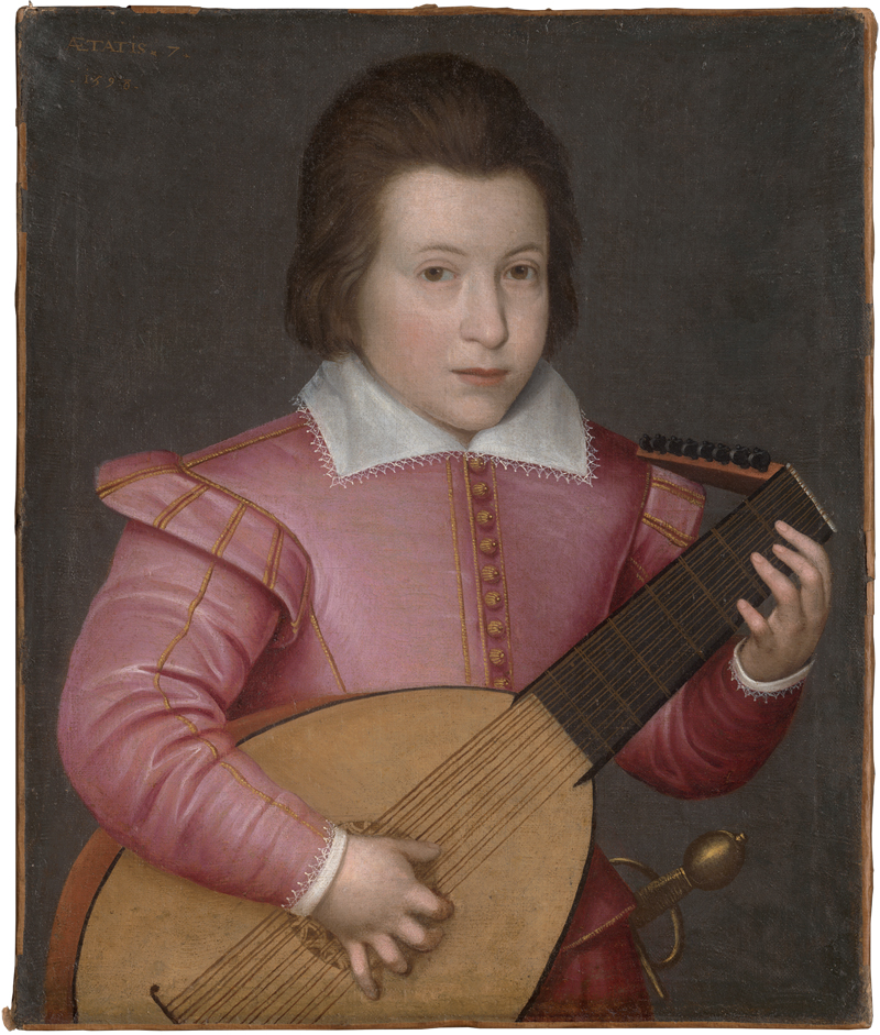 Lot 6007, Auction  126, Anglo-flämische Schule, 1598. Bildnis eines Knaben im lachsfarbenen Wams mit Laute