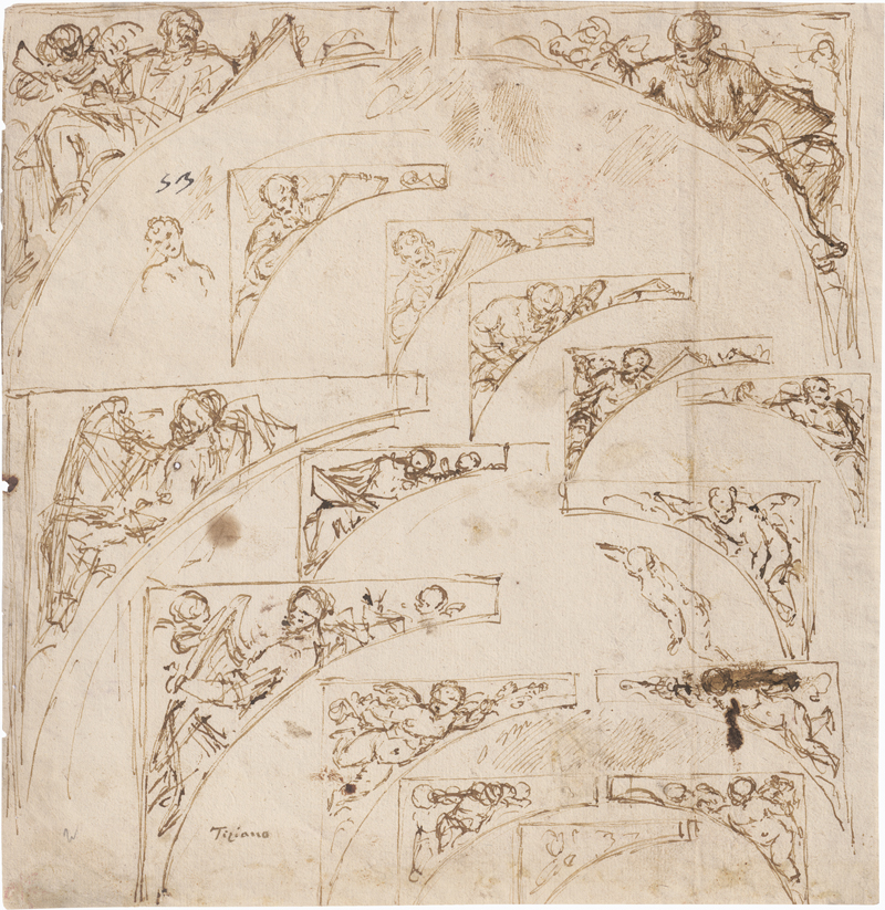 Lot 6520, Auction  126, Italienisch, 16. Jh. Studienblatt mit Entwürfen zu Zwickeln mit den Evangelisten