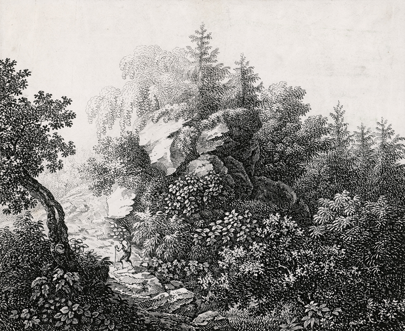 Lot 6639, Auction  126, Faber, Johann Theodor Eusebius - Schule, Waldpartie mit Felsformationen, im Mittelgrund ein Wanderer