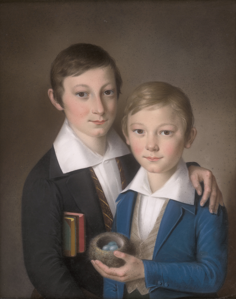 Lot 6680, Auction 126, Deutsch, Anfang 19. Jh. Porträt zweier Brüder, der ältere mit Büchern unter dem Arm, der jüngere mit Vogelnest und Amseleiern