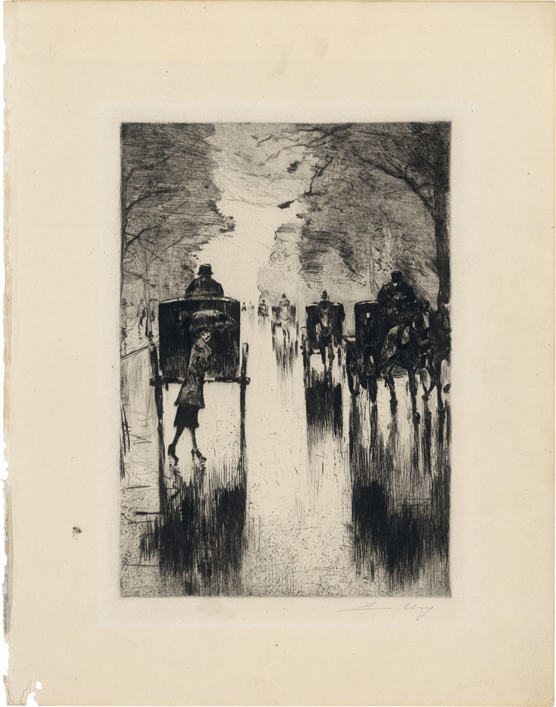 Lot 7028, Auction  126, Ury, Lesser, Regennasse Tiergartenallee mit Pferdedroschken: Dame mit Schirm überquert die Straße