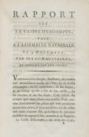 Los 530 - Lavoisier, Antoine Laurent - Rapport sur la caisse d'escompte, fait à l'Assemblée Nationale - 0 - thumb