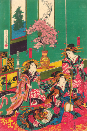 Lot 672, Auction  127, Yoshitora, Utagawa, Shamisen-Spielerin im Interieur mit zwei Begleiterinnen