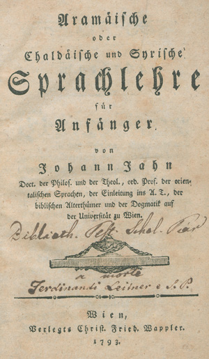 Lot 2065, Auction  127, Jahn, Johann, Aramäische oder chaldäische und syrische Sprachlehre für Anfänger