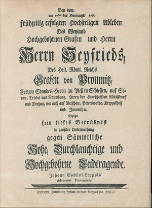 Lot 2107, Auction  127, Leopold, Johann Gottlob, Bey dem am 27sten des Hornungs, 1760 fruehzeitig erfolgten hochseeligen Ableben des Grafen und Herrn Seyyfrieds