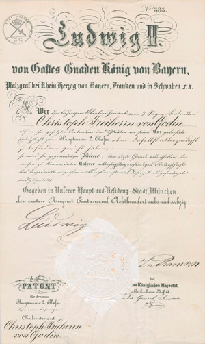 Lot 2580, Auction  127, Bayern., Urkunde: Patent als Hauptmann 2. Classe.1866