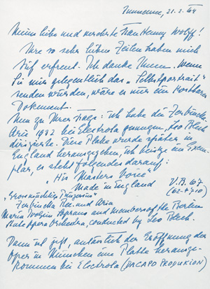 Lot 2631, Auction  127, Ivogün, Maria, Brief an die Sängerin Henny Wolff über Aufnahmen ihrer "Zerbinetta"-Arie. 1964
