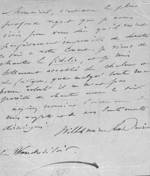 Lot 2650, Auction  127, Schröder-Devrient, Wilhelmine, Brief an einen Konzertveranstalter. 1833