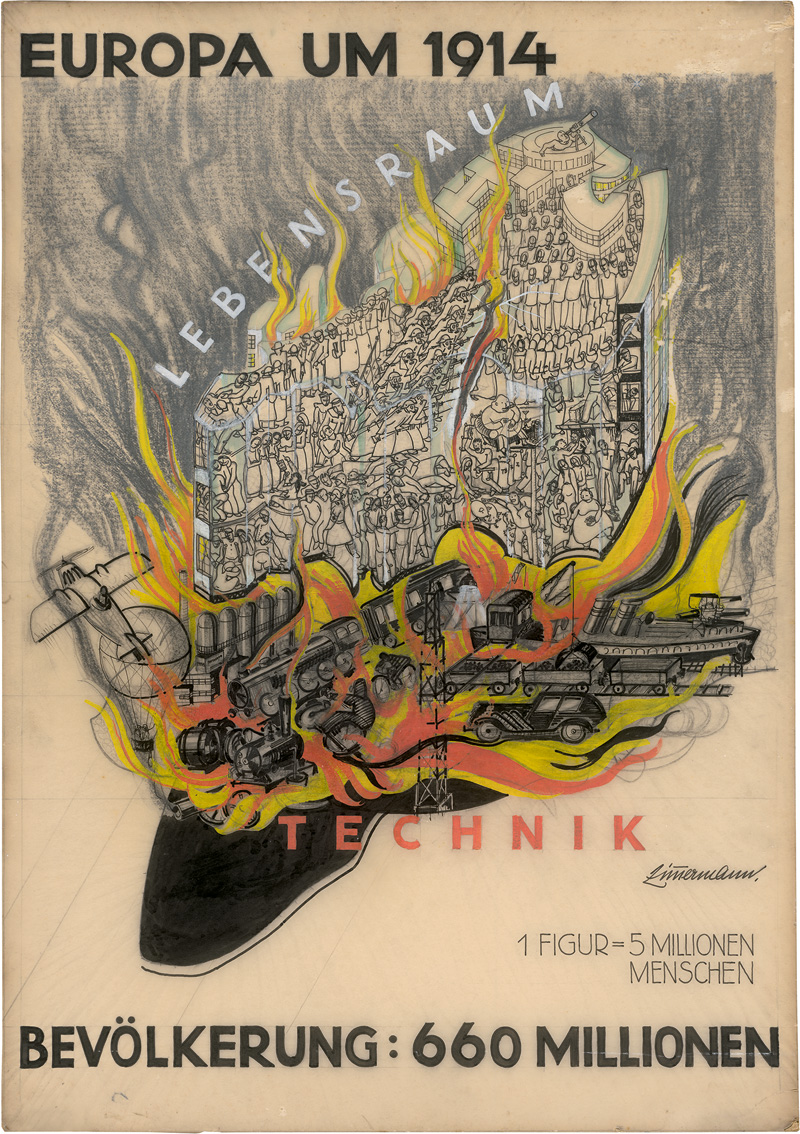 Lot 500, Auction 127, Zimmermann, Georg, 5 Entwürfe für Großplakate bzw. Schautafeln für die Ausstellung "Atlantropa". Schwarze Tusche und farbige Gouache