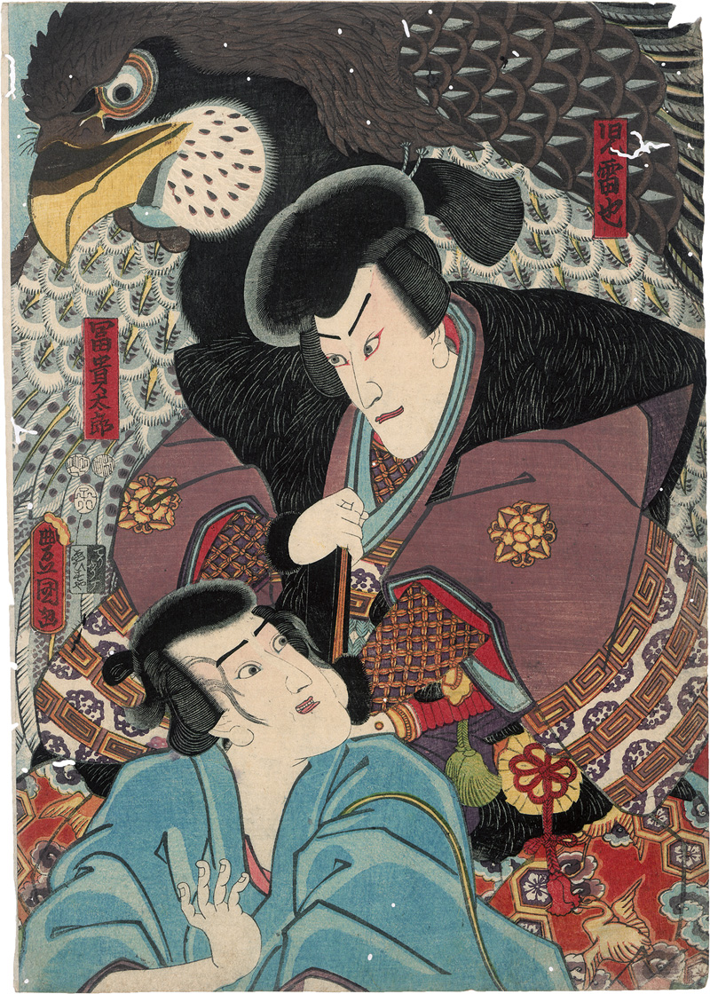 Lot 646, Auction 127, Kunisada, Utagawa und Kunisada II., Utagawa, 4 Kabuki-Szenen mit tierischen Begleitern. Edo (Tokio) Mitte 19. Jahrhundert
