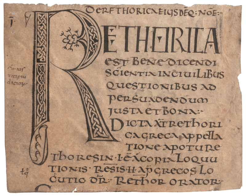 Lot 1001, Auction 127, Rhetorica, De retorica eiusdemque nomen". Incipit-Fragment einer lateinischen Handschrift auf Pergament.