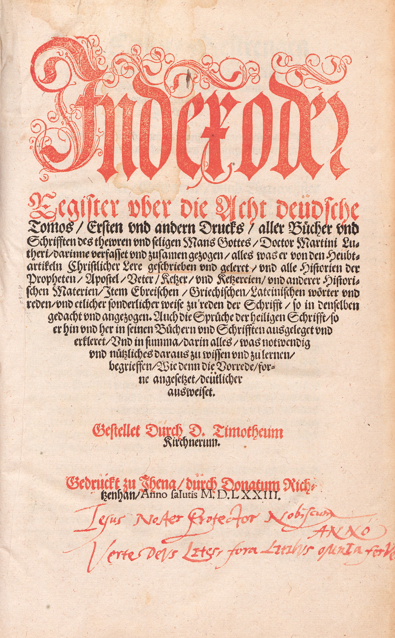 Lot 1158, Auction 127, Kirchner, Timotheus und Luther, Martin, Jndex oder Register uber die acht deudsche Tomos