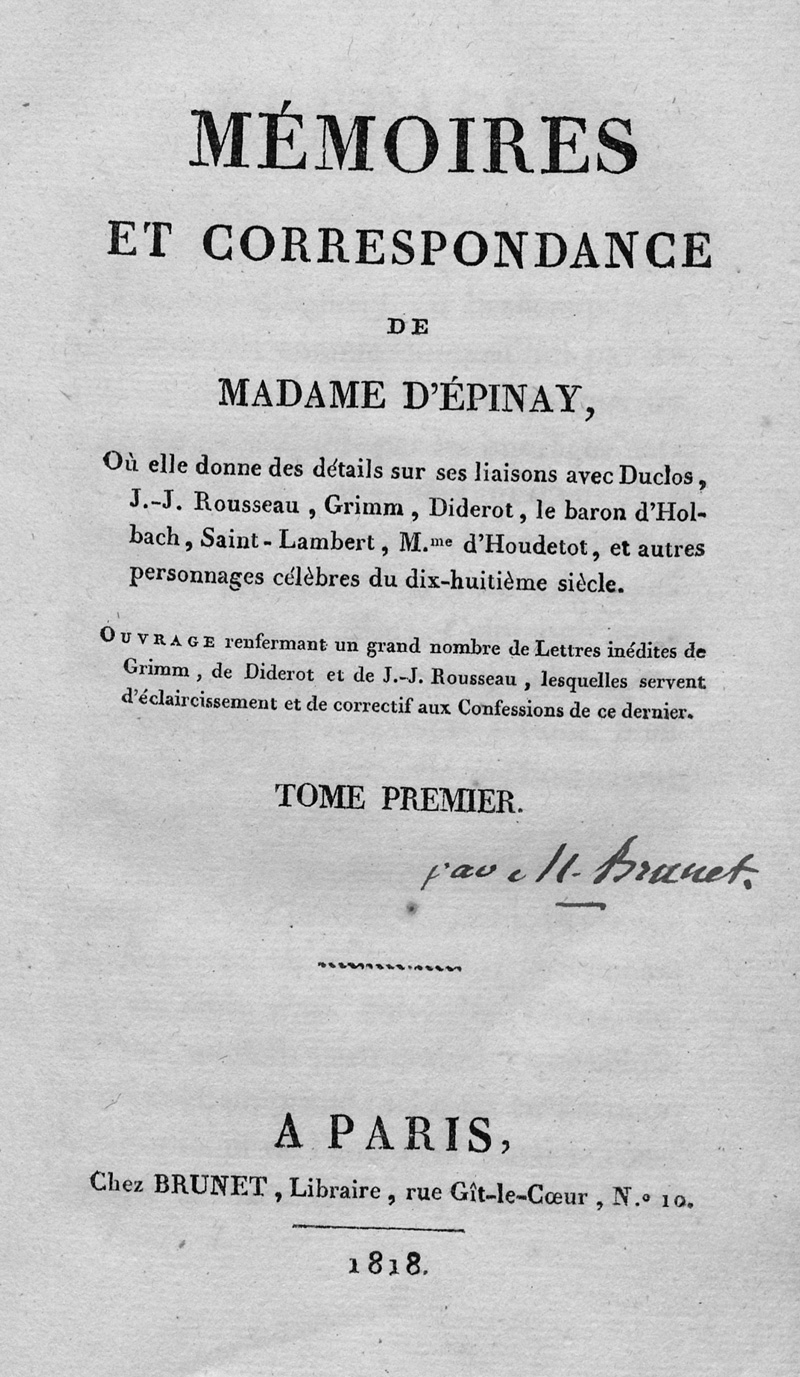 Lot 2031, Auction 127, Epinay, Louise Florence Pétronille Tardieu d'Esclavelles d', Mémoires et correspondance