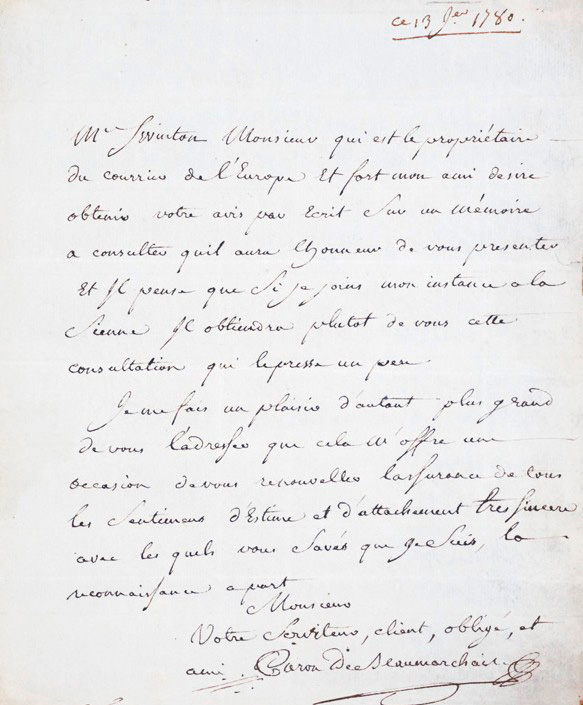 Lot 2504, Auction 127, Beaumarchais, Pierre Augustin Caron de, Brief an einen Redakteur. 1780
