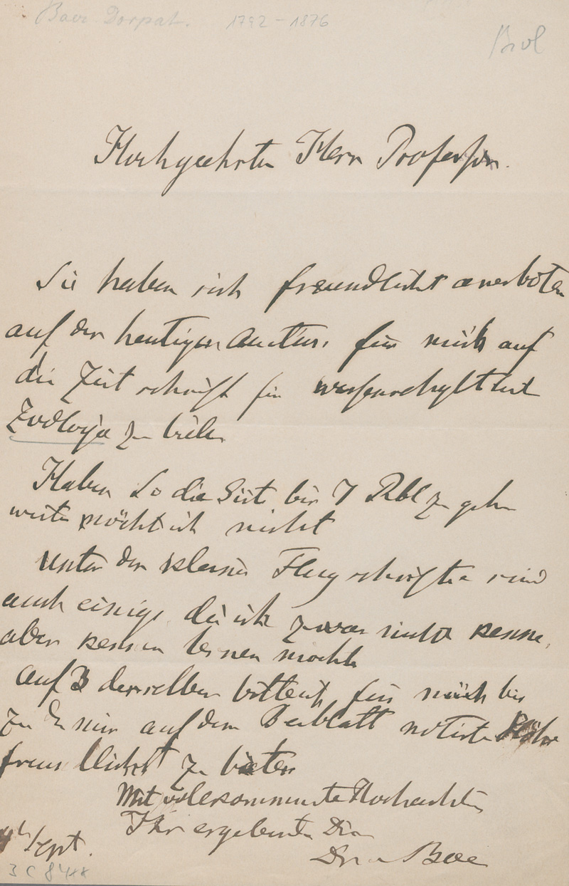 Lot 2551, Auction 127, Baer, Karl Ernst von, Brief an einen Professor wegen einer Buchauktion. Um 1870