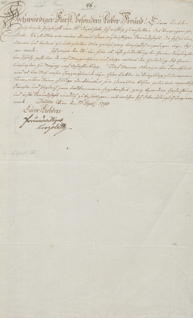 Lot 2598, Auction 127, Leopold II., röm.-dt. Kaiser, Brief an einen Fürsten, vor der Krönungsreise. 1790