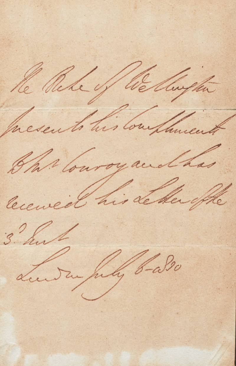 Lot 2603, Auction 127, Wellington, Arthur Wellesley Herzog von, Brief (Billet) an Mr. Conroy. 1830