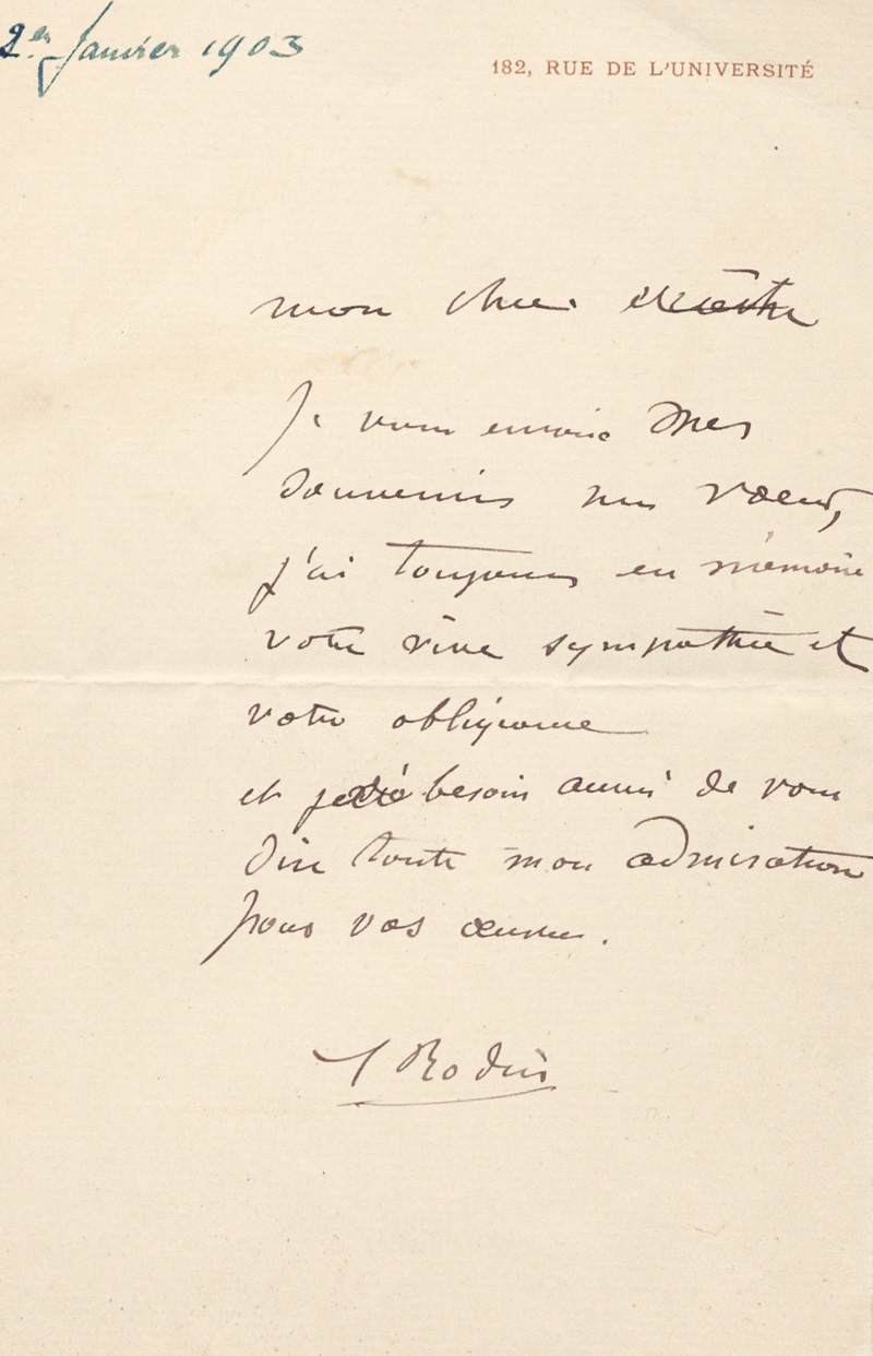 Lot 2616, Auction  127, Rodin, Auguste, Brief an einen "Maître". 1903