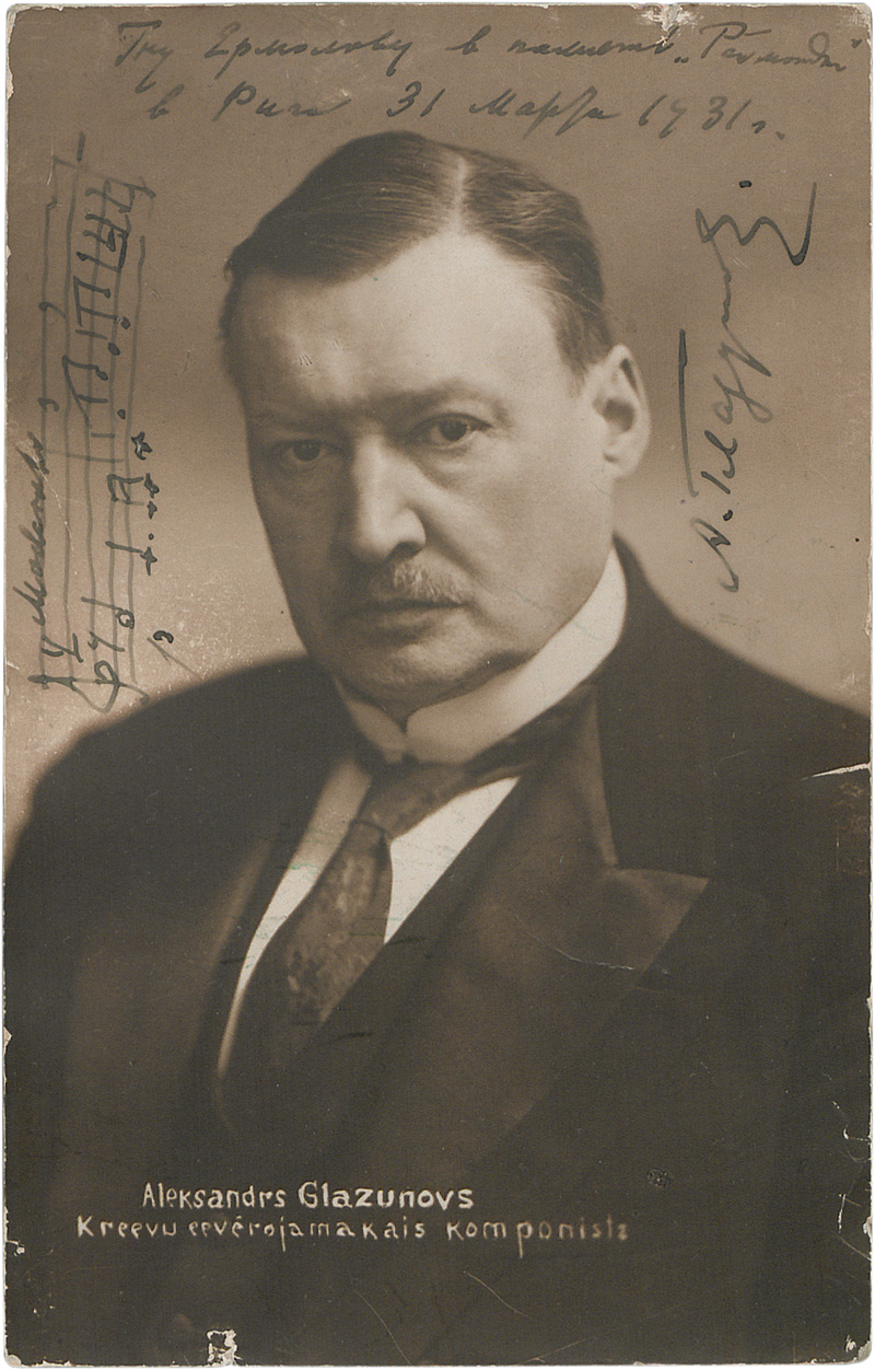 Lot 2629, Auction  127, Glasunow, Alexander, Signierte Porträtfoto-Postkarte mit Musikzitat. 1931