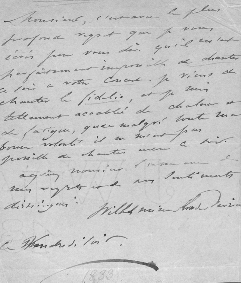 Lot 2650, Auction 127, Schröder-Devrient, Wilhelmine, Brief an einen Konzertveranstalter. 1833