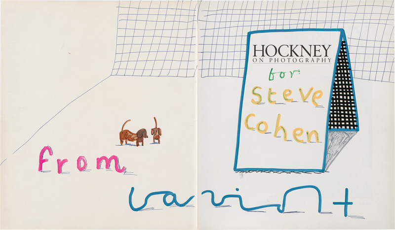 Lot 3147, Auction 127, Hockney, David, Hockney on Photography. Widmungsexemplar mit doppelseitiger farbiger Zeichnung