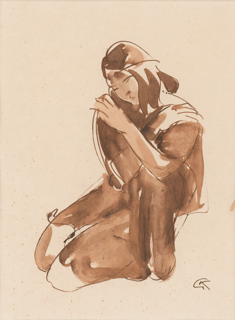 Lot 3190, Auction  127, Kolbe, Georg, Sitzende. Federzeichnung in Sepiatinte auf Papier mit Lavierung in Umbratusche. 